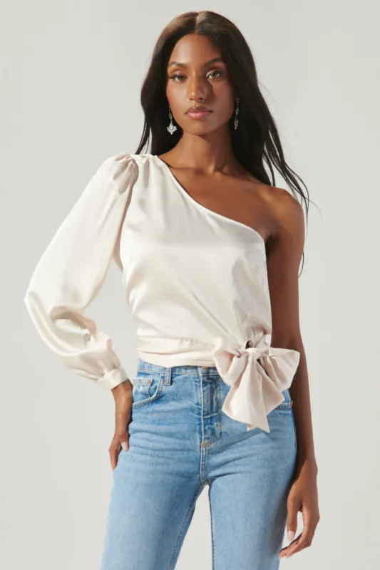Avalon One Shoulder Waist Tie Satin Top sold by Sugarlips