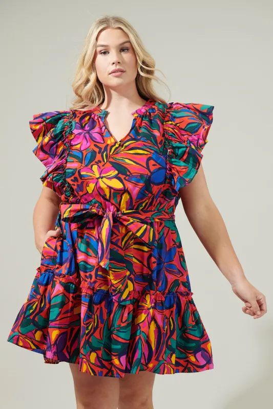 Rainbow Tropics Floral Ruffle Mini Dress Curve sold by Sugarlips