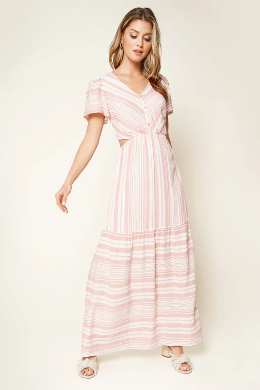 Tiegen Short Sleeve Striped Cut Out Maxi Dress sold by Sugarlips