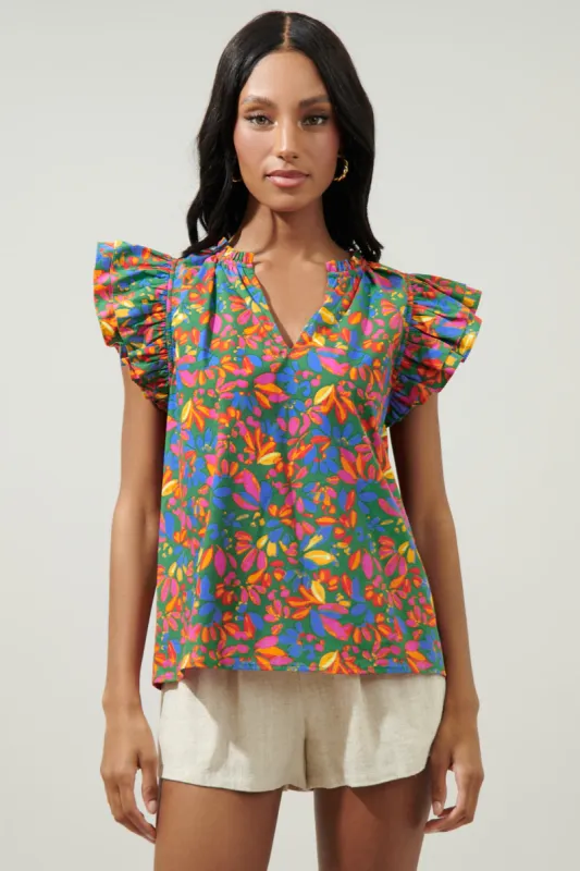 Zhade Tropics Risette Ruffle Cap Sleeve Split Neck Top sold by Sugarlips