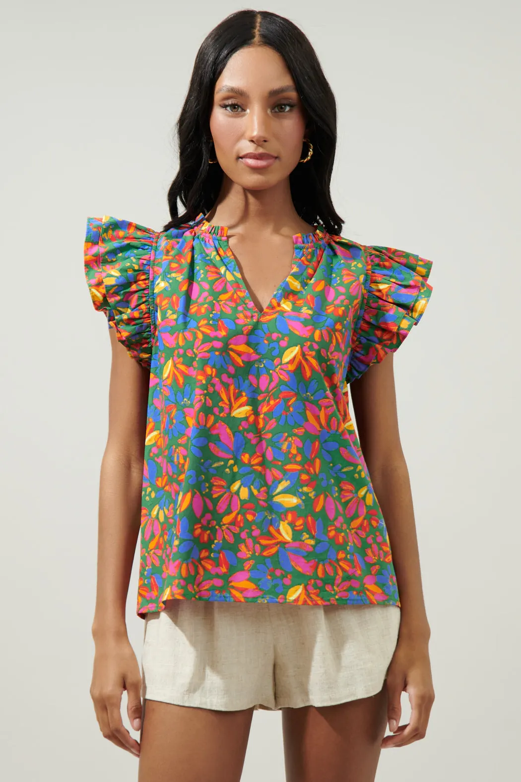 Zhade Tropics Risette Ruffle Cap Sleeve Split Neck Top sold by Sugarlips
