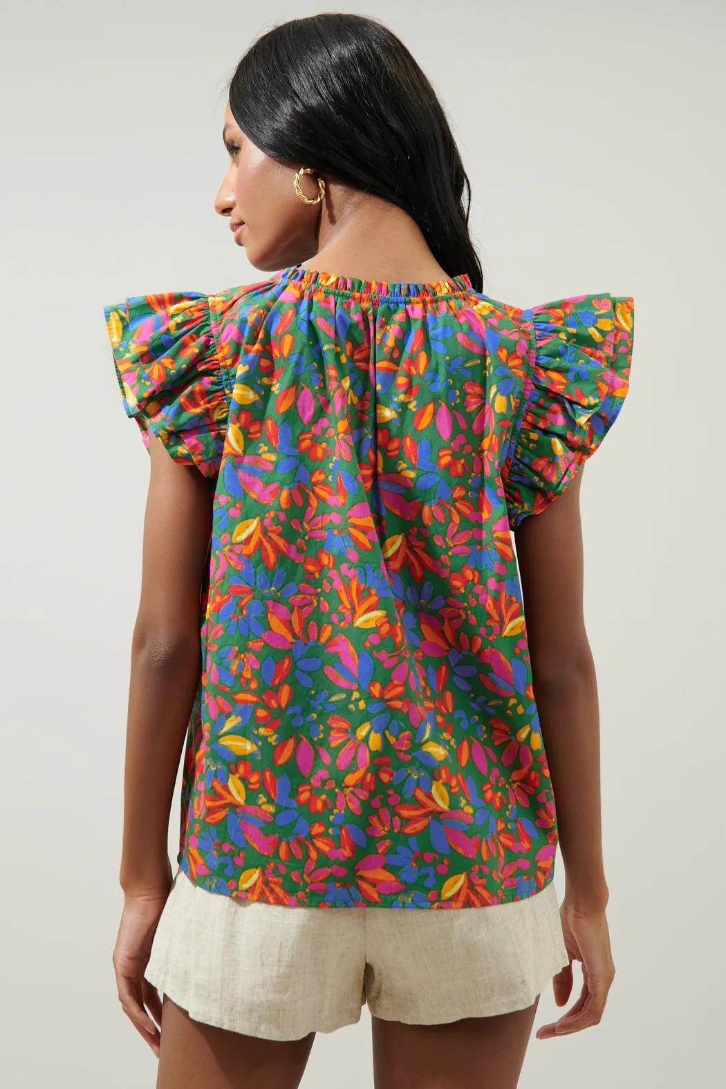 Zhade Tropics Risette Ruffle Cap Sleeve Split Neck Top sold by Sugarlips product image thumbnail 2