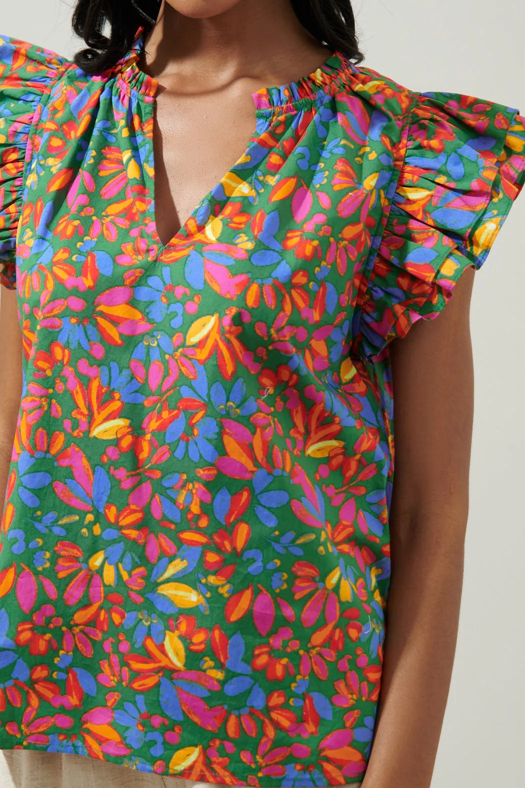 Zhade Tropics Risette Ruffle Cap Sleeve Split Neck Top sold by Sugarlips product image thumbnail 5