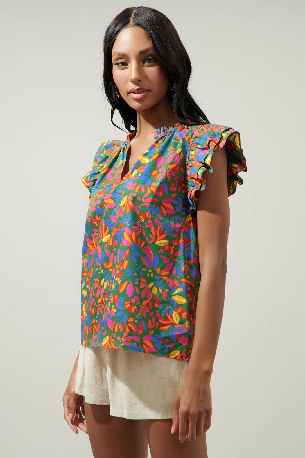 Zhade Tropics Risette Ruffle Cap Sleeve Split Neck Top sold by Sugarlips product image thumbnail 3