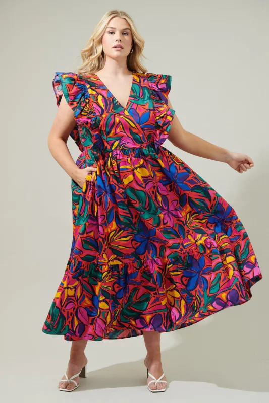 Rainbow Tropics Fairness Poplin Surplice Midi Dress Curve sold by Sugarlips