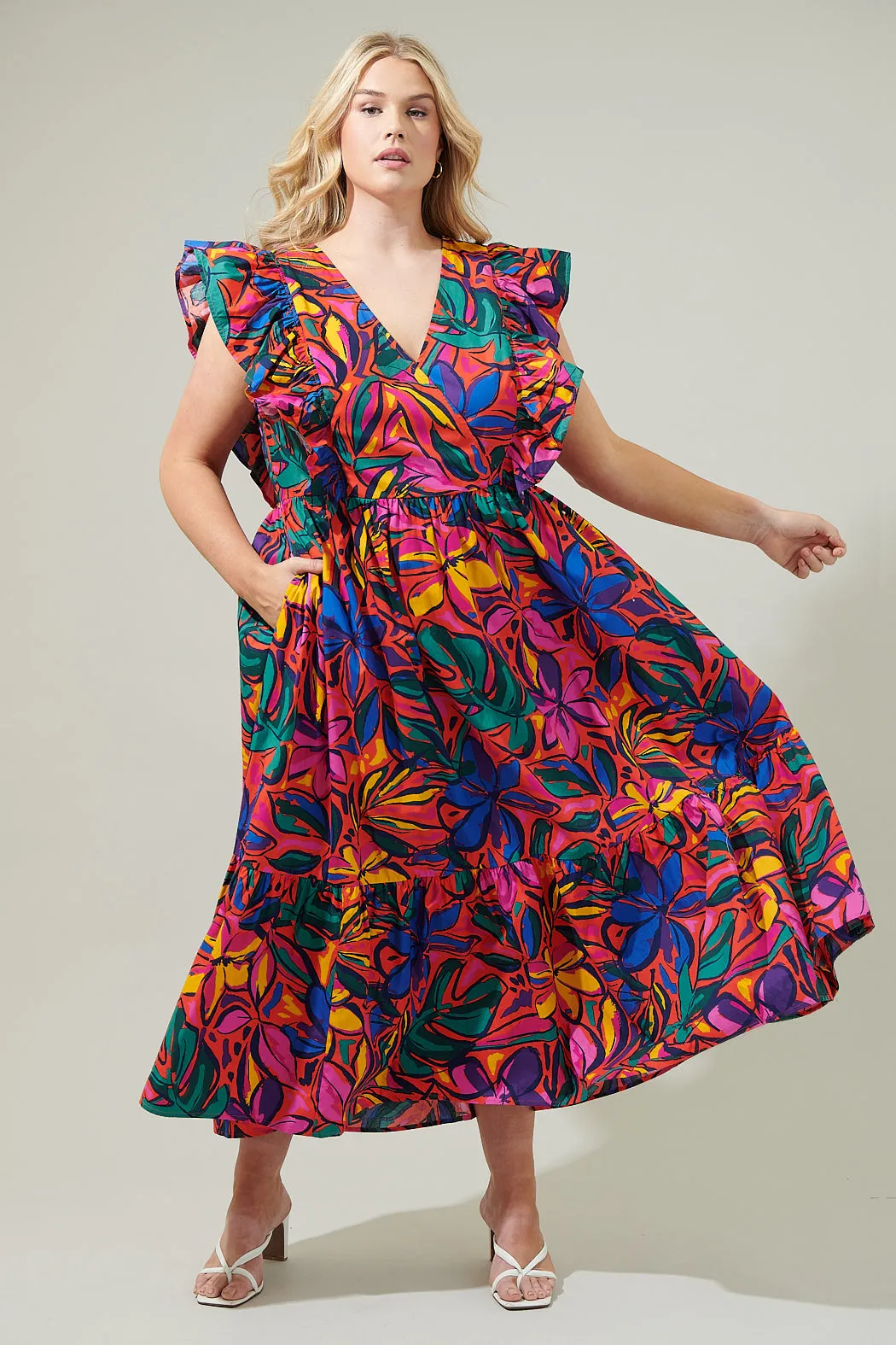 Rainbow Tropics Fairness Poplin Surplice Midi Dress Curve sold by Sugarlips