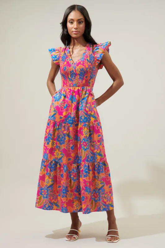 Ranchero Floral Sunfire Smocked Bodice Tiered Midi Dress sold by Sugarlips