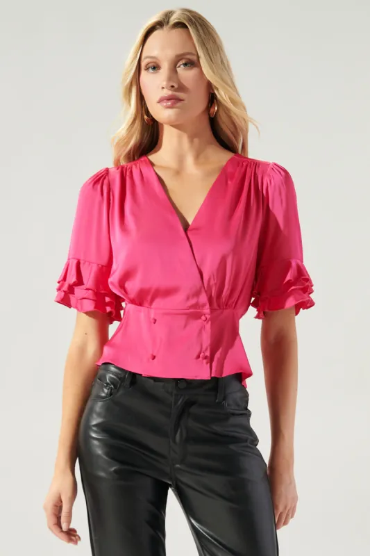 Afterthought Double Breasted Ruffle Sleeve Satin Blouse sold by Sugarlips