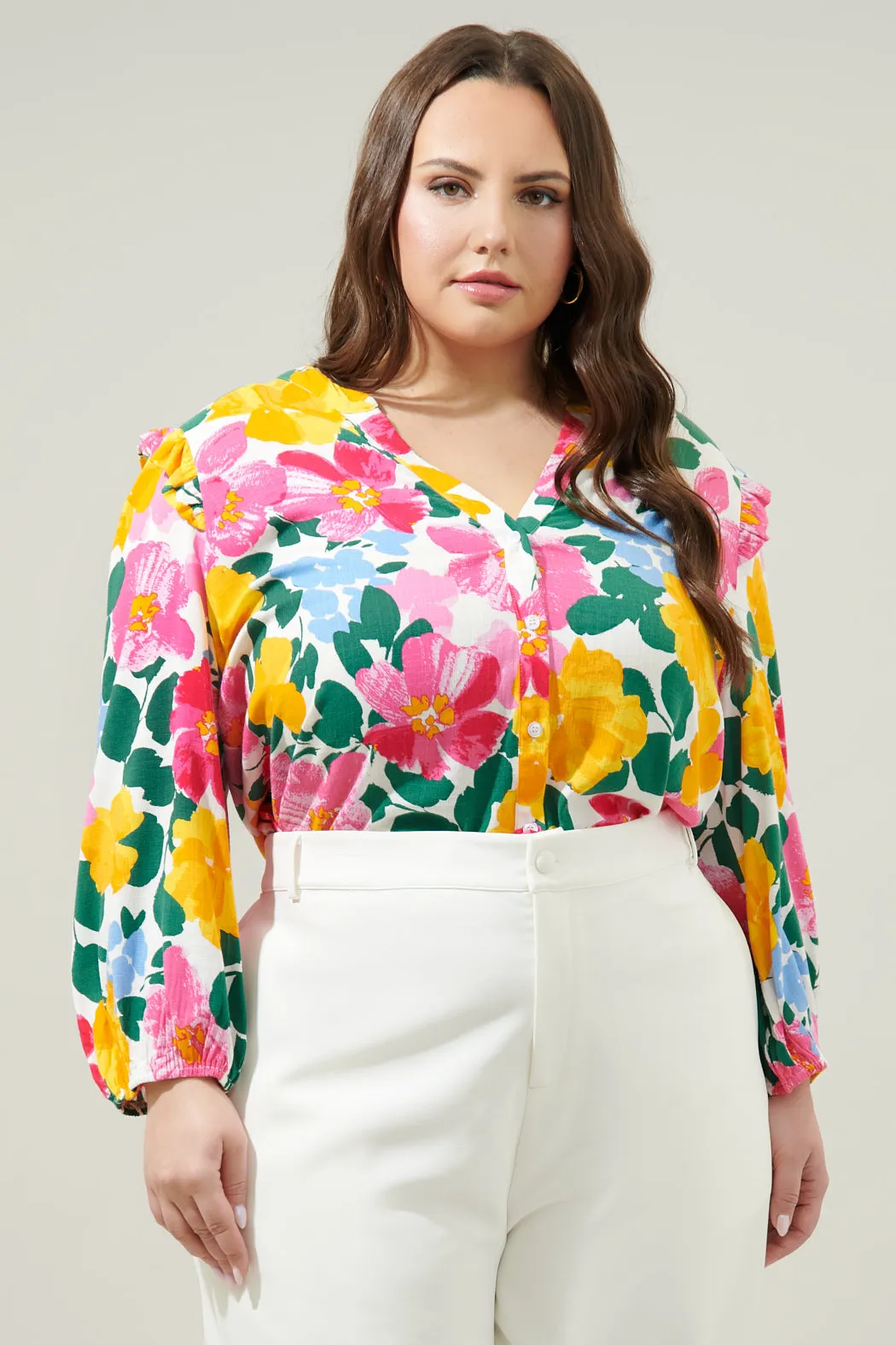 Kokomo Floral Martina Balloon Sleeve Button Down Blouse Curve sold by Sugarlips