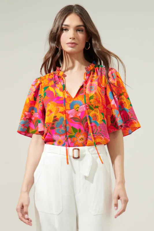 Idalia Floral Ruffle Split Neck Dupont Top sold by Sugarlips