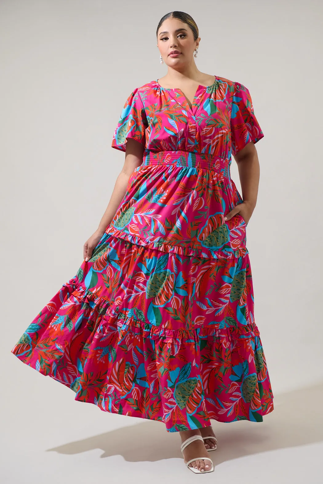 Cactus Blossom Palmer Poplin Tiered Maxi Dress Curve sold by Sugarlips