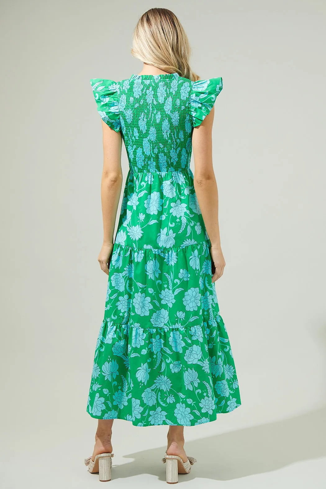 Waterlilly Floral Sunfire Smocked Bodice Tiered Midi Dress sold by Sugarlips product image thumbnail 2