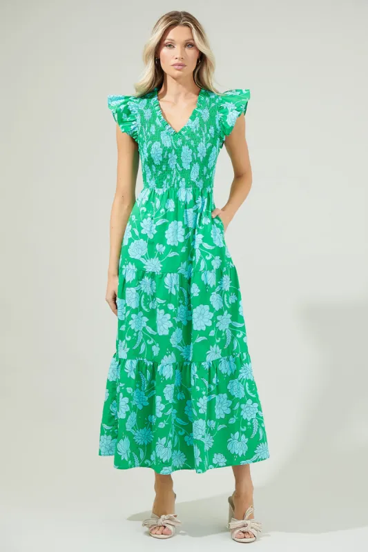 Waterlilly Floral Sunfire Smocked Bodice Tiered Midi Dress sold by Sugarlips
