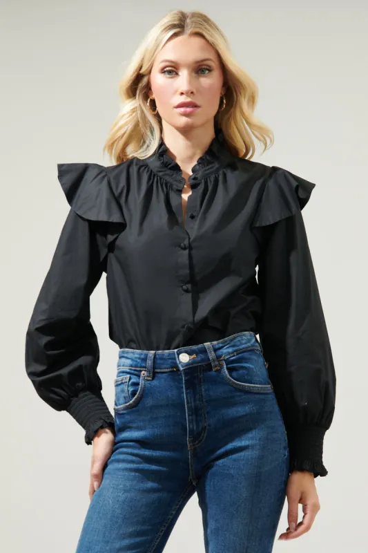Malbec Ruffle Button Front Poplin Blouse sold by Sugarlips