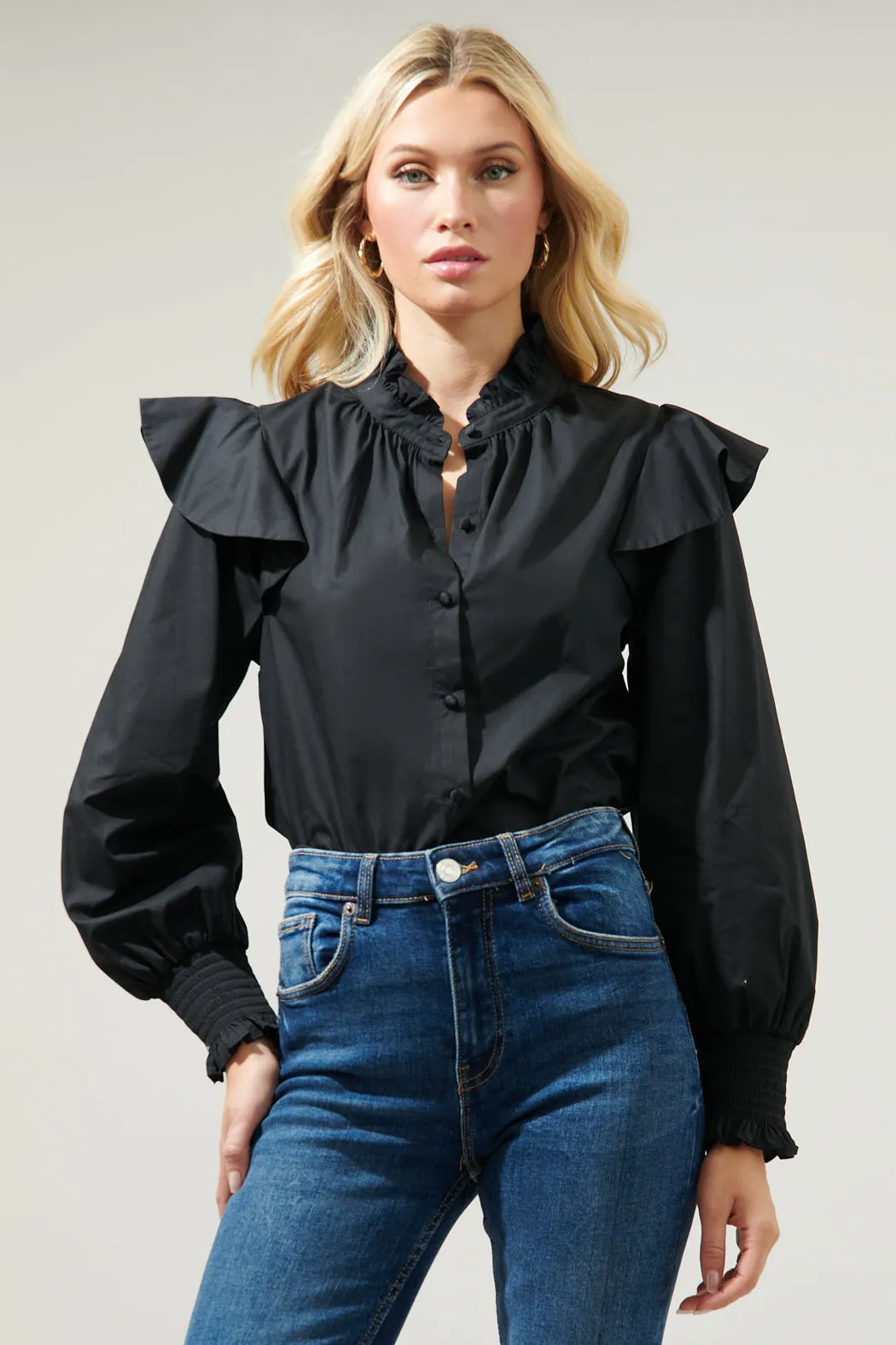 Malbec Ruffle Button Front Poplin Blouse sold by Sugarlips