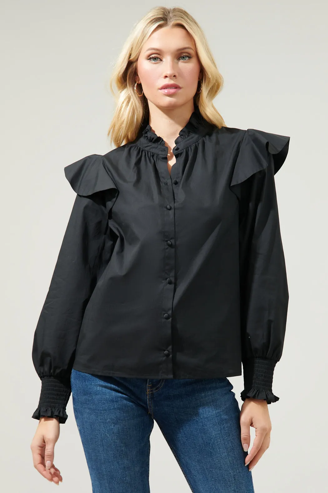 Malbec Ruffle Button Front Poplin Blouse sold by Sugarlips product image thumbnail 5