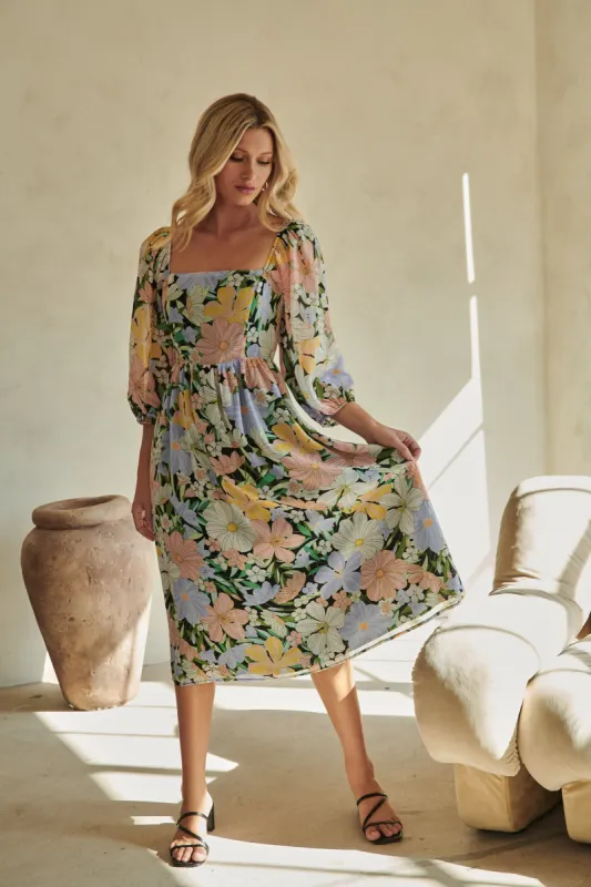 Topanga Floral Amaretto Puff Sleeve Midi Dress sold by Sugarlips