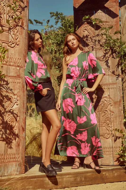 Eartha Floral Meara One Shoulder Satin Maxi Dress sold by Sugarlips