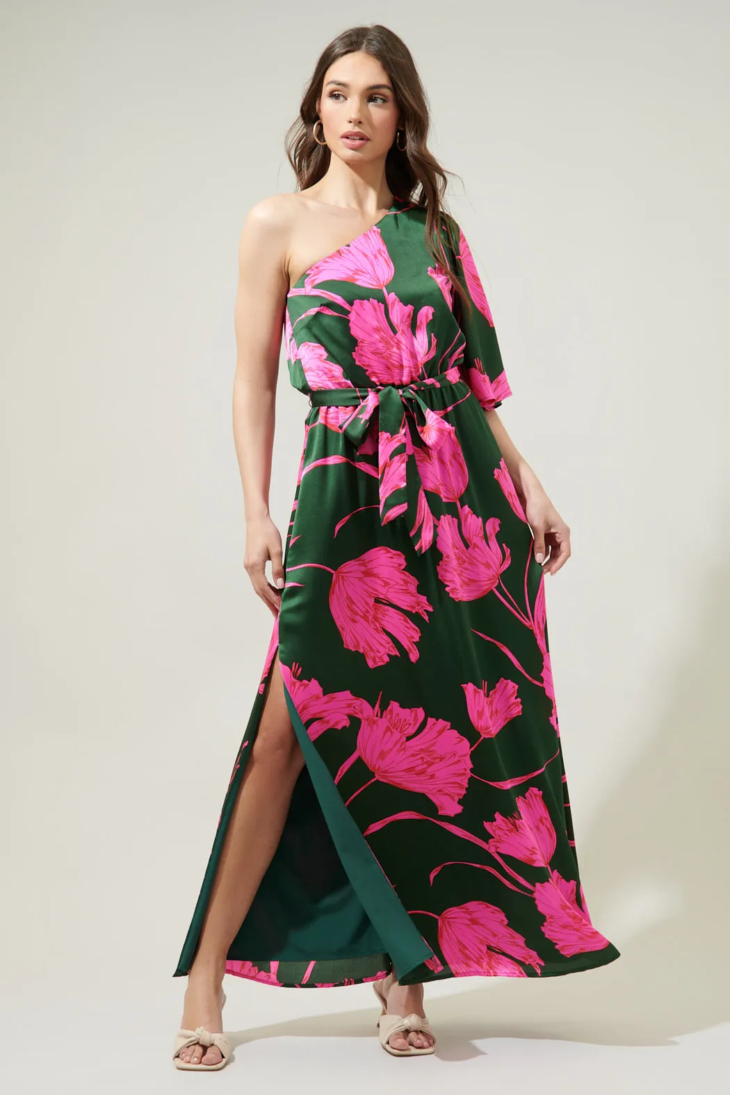 Eartha Floral Meara One Shoulder Satin Maxi Dress sold by Sugarlips product image thumbnail 2