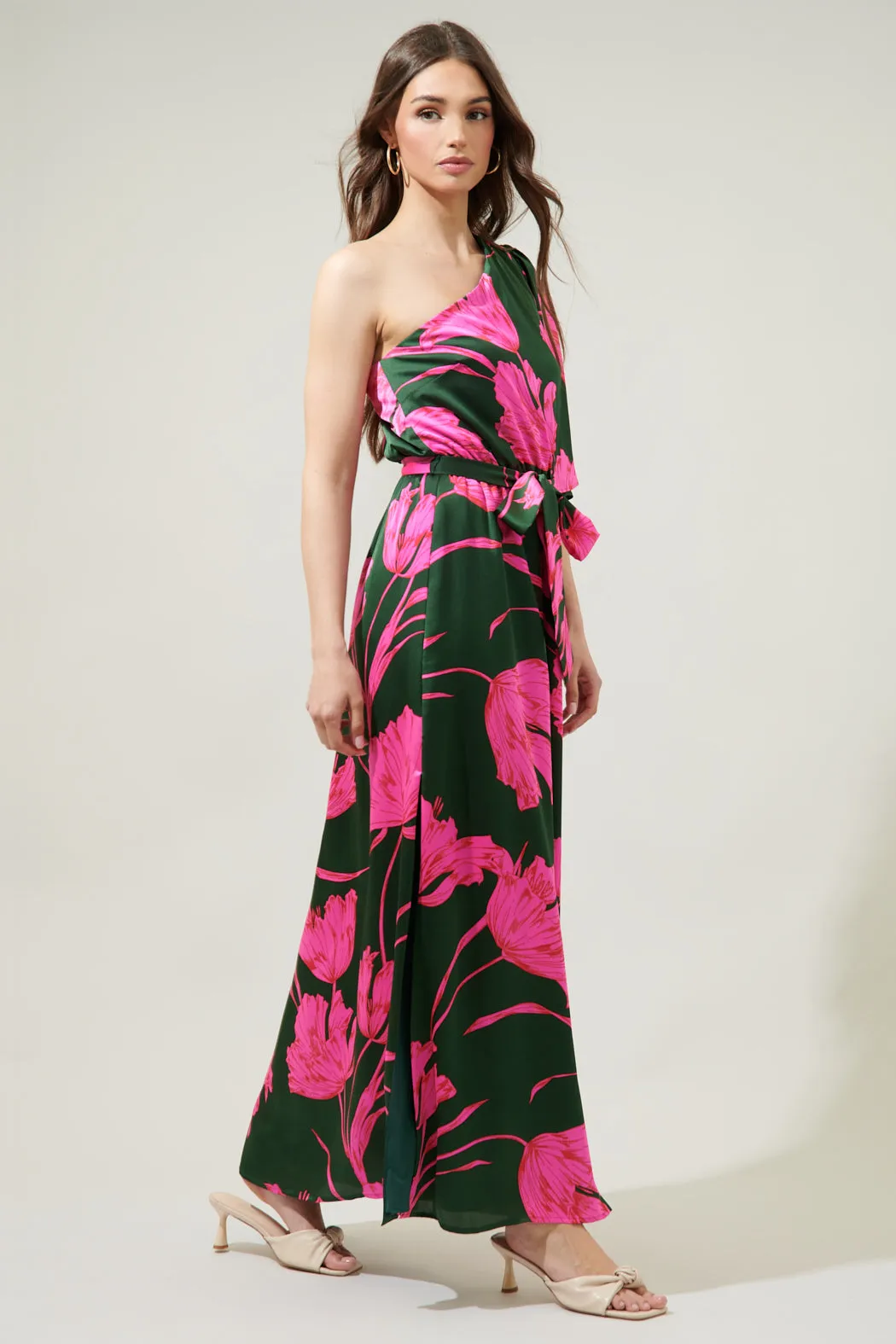 Eartha Floral Meara One Shoulder Satin Maxi Dress sold by Sugarlips product image thumbnail 4