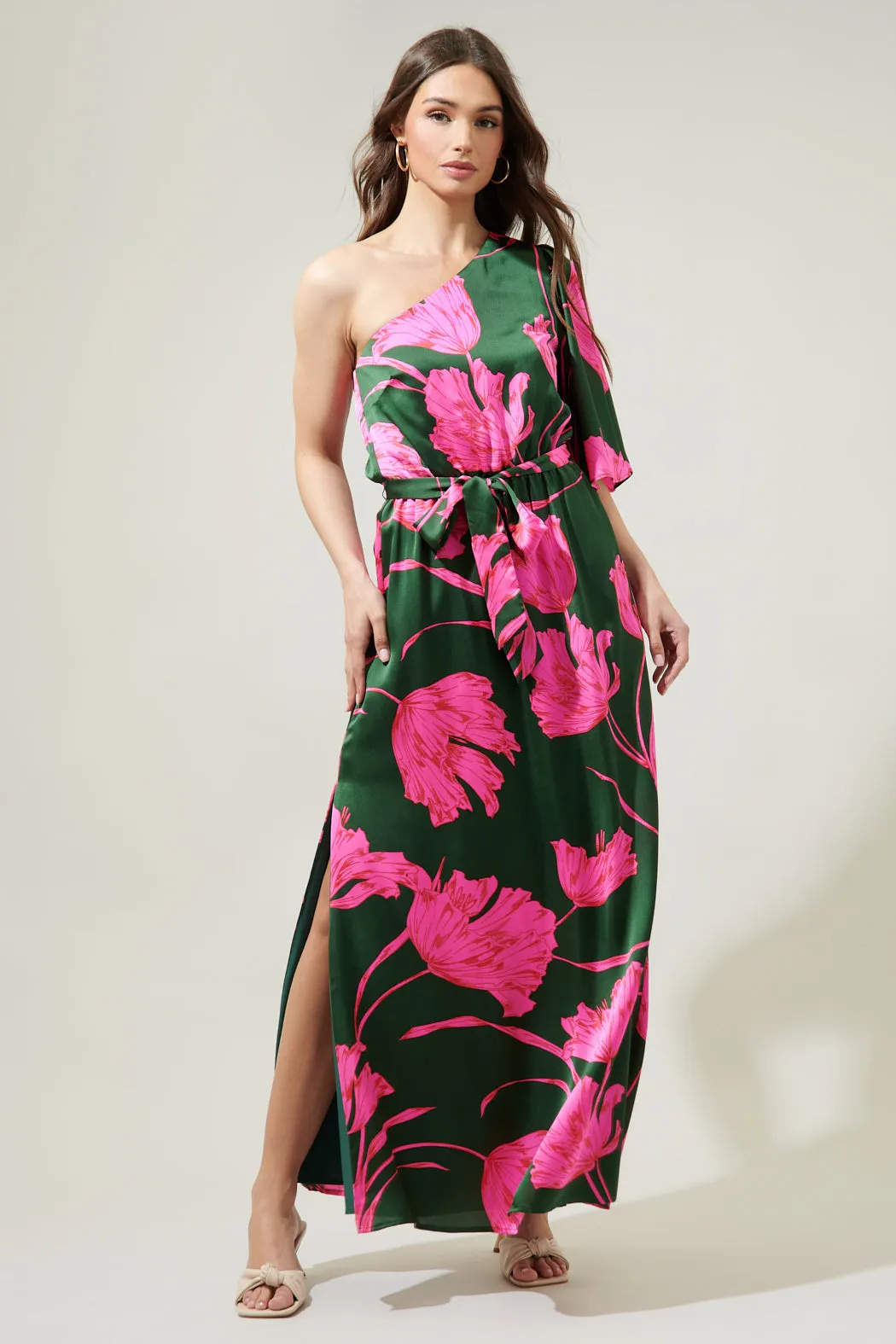 Eartha Floral Meara One Shoulder Satin Maxi Dress sold by Sugarlips product image thumbnail 5