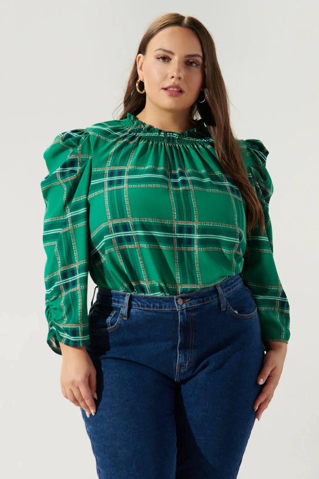 Woodland Jade Plaid Drape Sleeve Top Curve sold by Sugarlips
