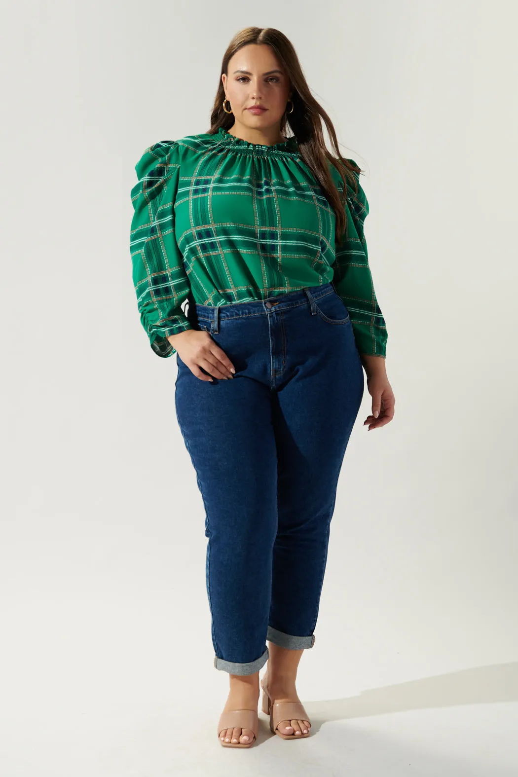 Woodland Jade Plaid Drape Sleeve Top Curve sold by Sugarlips product image thumbnail 4