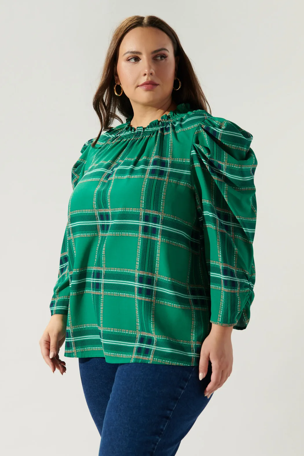 Woodland Jade Plaid Drape Sleeve Top Curve sold by Sugarlips product image thumbnail 3