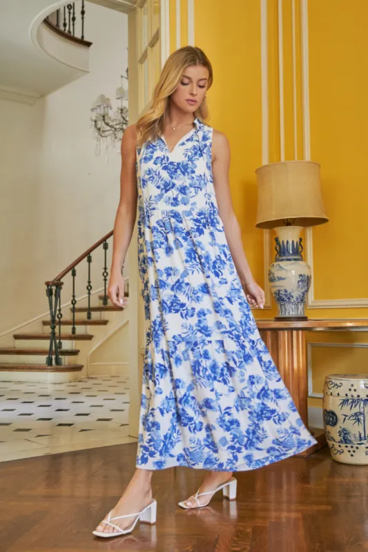 Antoinette Blue Floral Split Neck Tiered Maxi Dress sold by Sugarlips