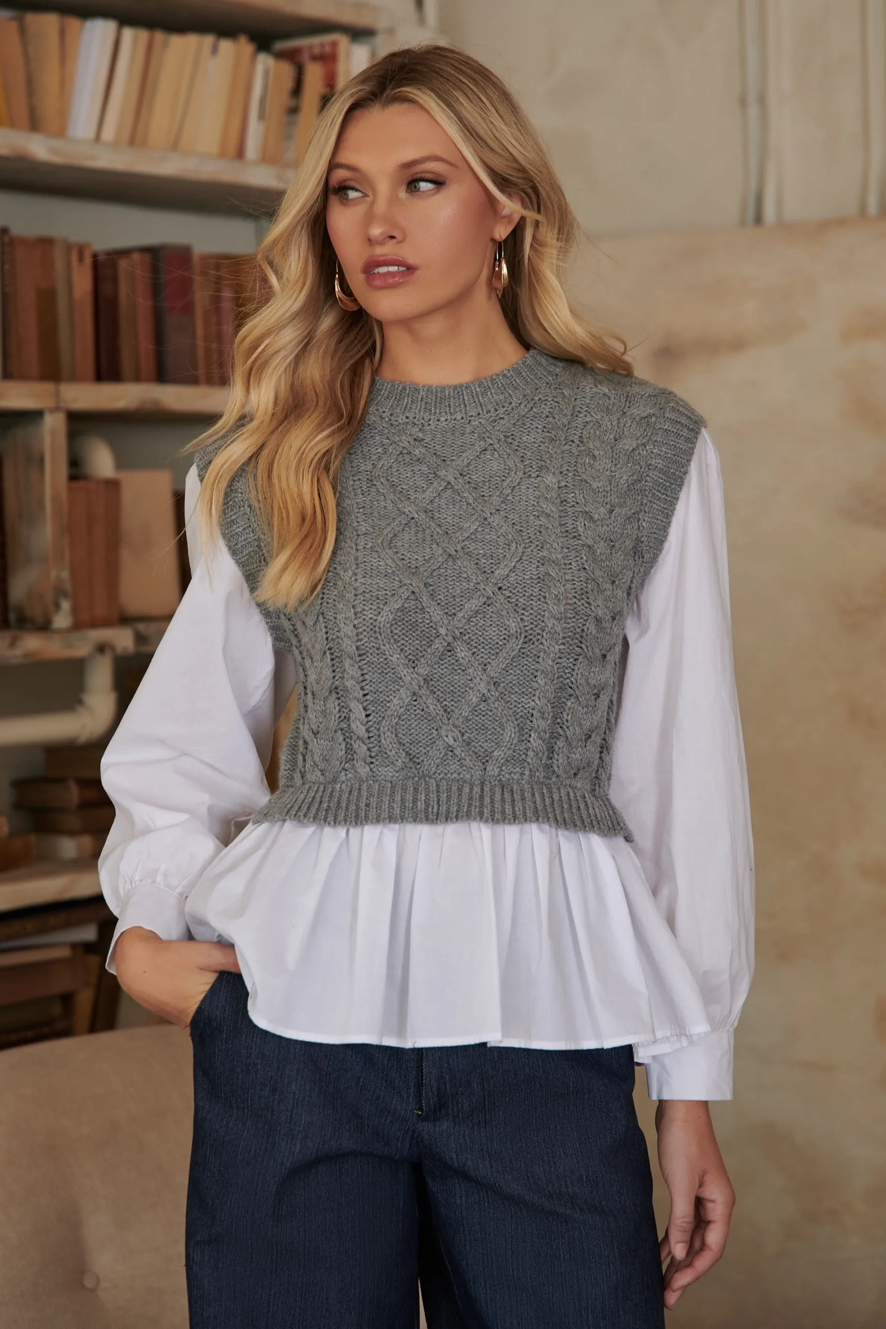 Javelina Mix Media Cable Knit SweaterVest Long Sleeve Top sold by Sugarlips