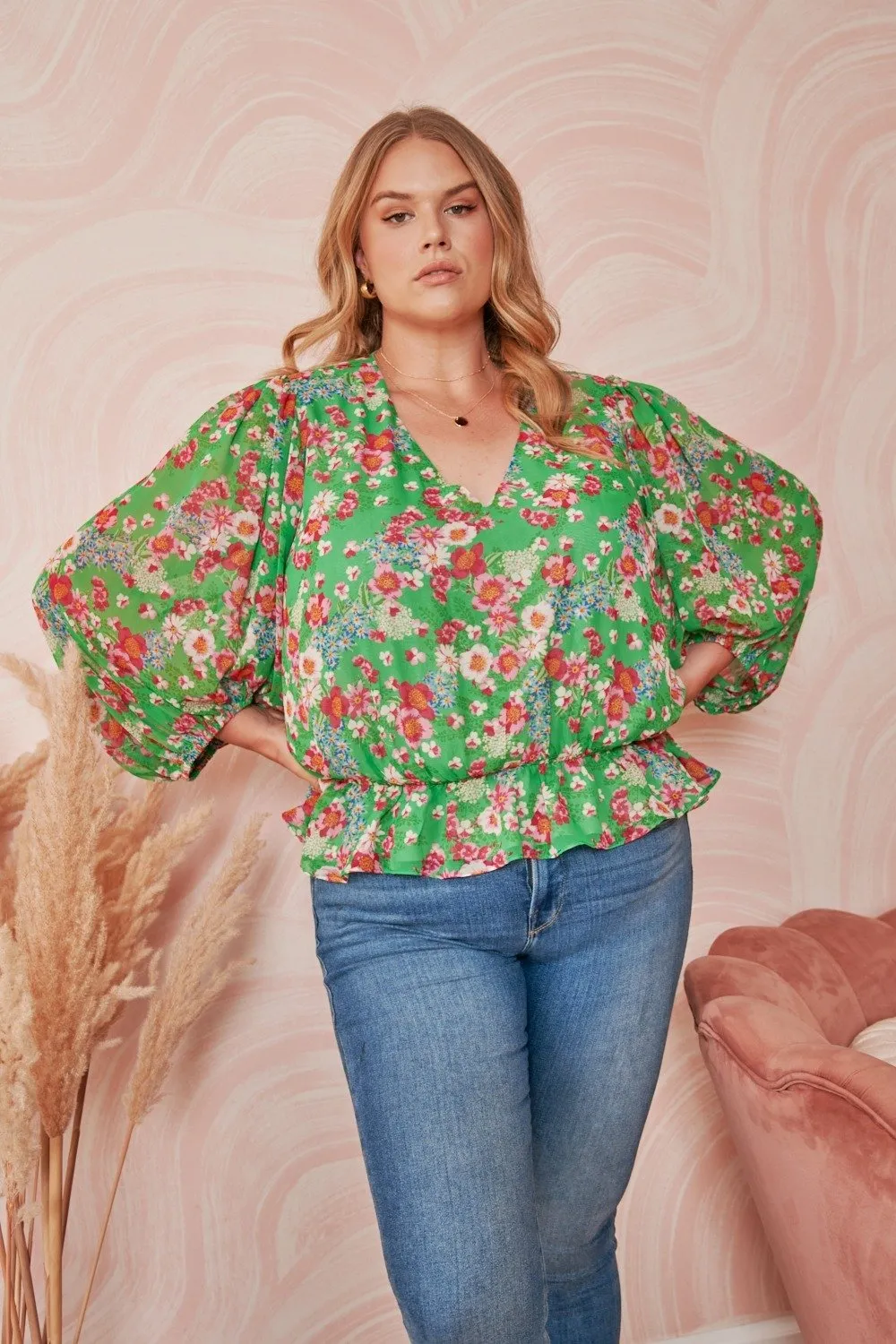 Akina Floral Ways Ballon Sleeve Blouse Curve sold by Sugarlips