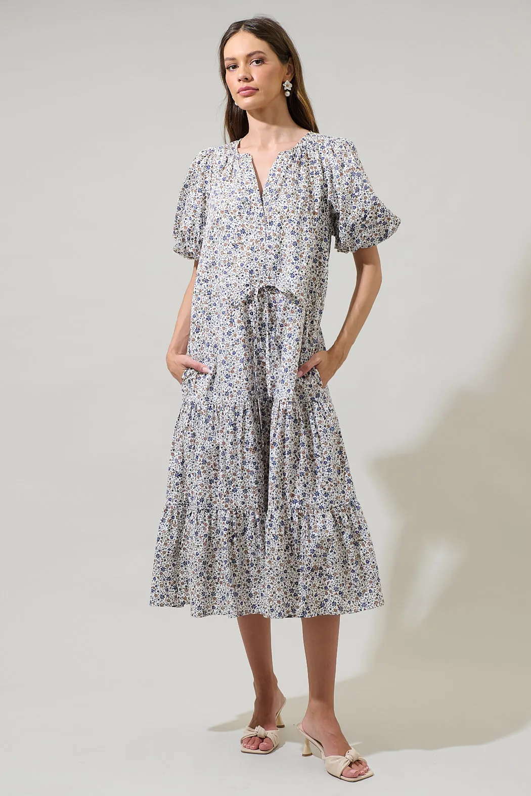 Heath Floral Balloon Sleeve Tiered Midi Dress sold by Sugarlips product image thumbnail 5