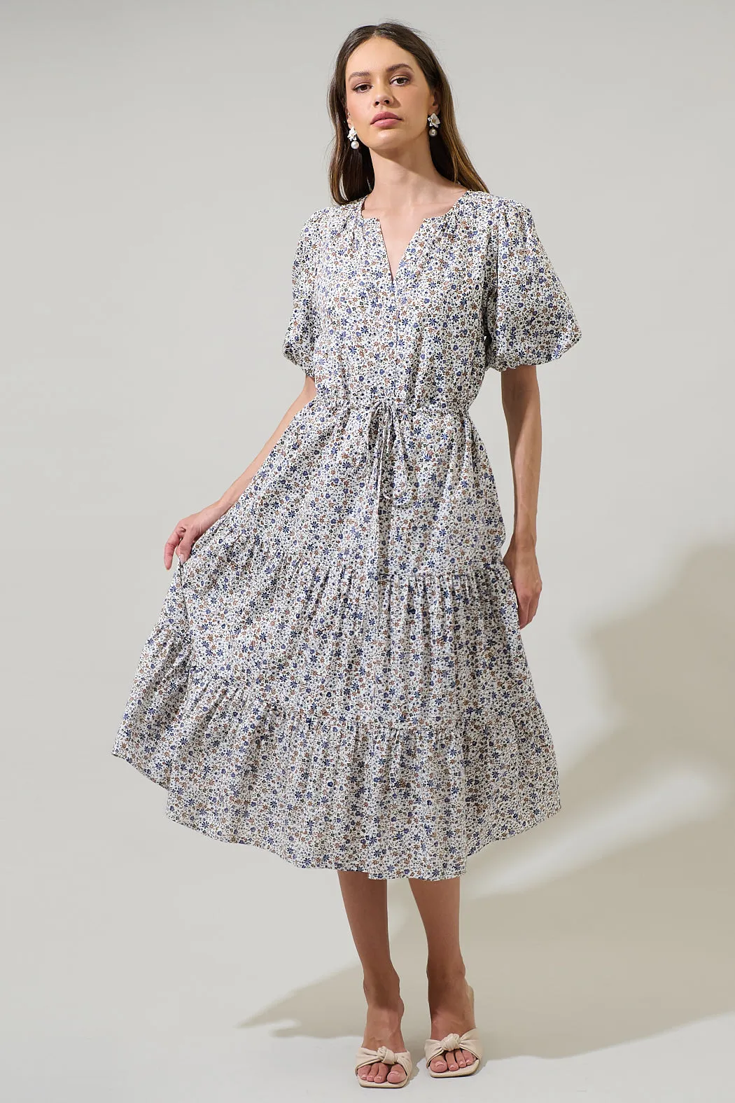 Heath Floral Balloon Sleeve Tiered Midi Dress sold by Sugarlips