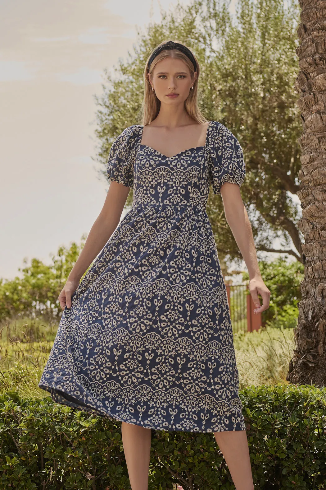 Viridiana Floral Eyelet Alessi Puff Sleeve Midi Dres sold by Sugarlips