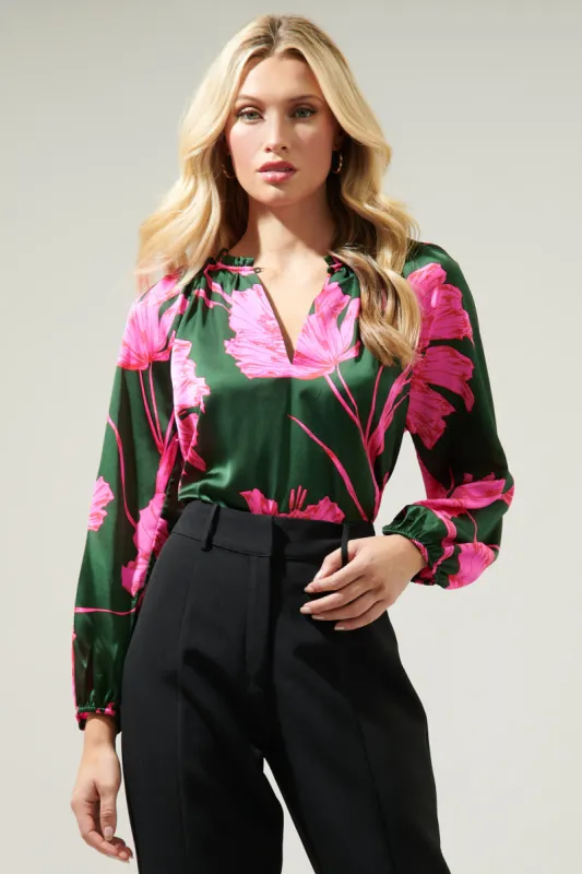 Eartha Floral Jovie Split Neck Satin Raglan Blouse sold by Sugarlips