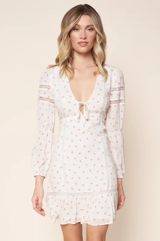 Marbella Floral Long Sleeve Lace Trim Mini Dress sold by Sugarlips