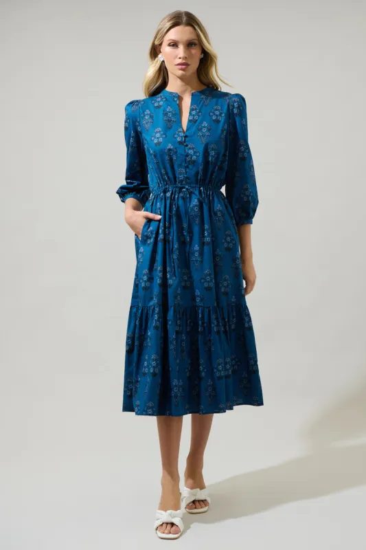 Gardena Floral Zinnia Split Neck Midi Dress sold by Sugarlips