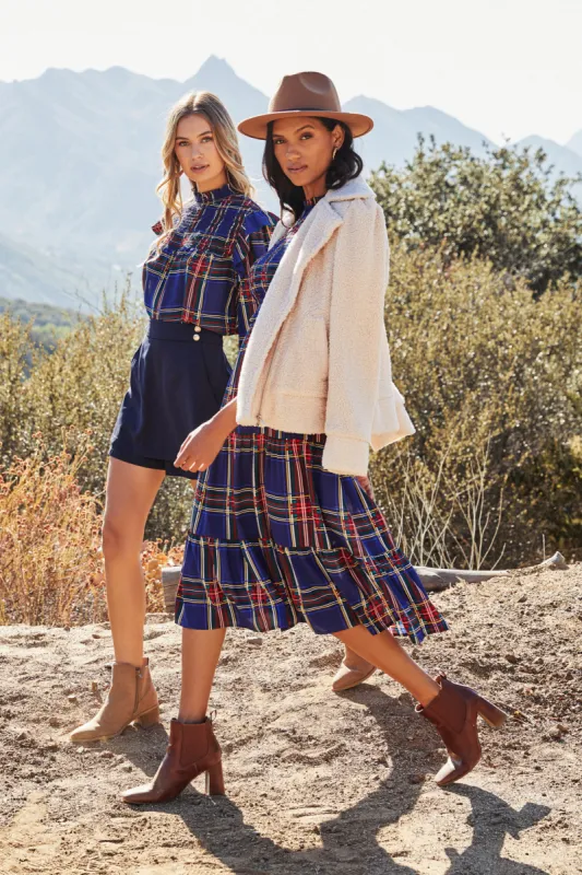 Lakeview Plaid Smocked Tiered Midi Dress sold by Sugarlips