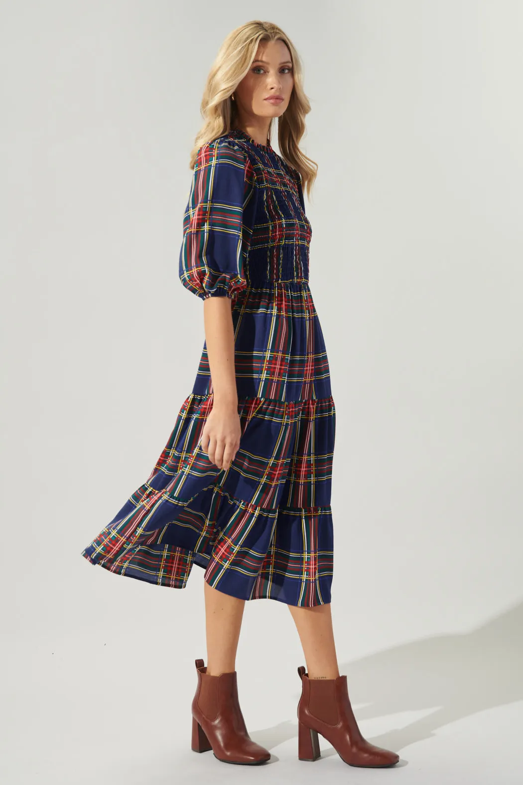 Lakeview Plaid Smocked Tiered Midi Dress sold by Sugarlips product image thumbnail 5