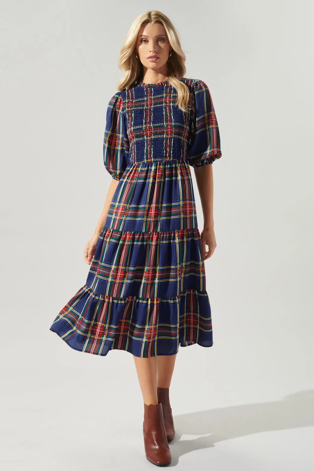 Lakeview Plaid Smocked Tiered Midi Dress sold by Sugarlips product image thumbnail 4