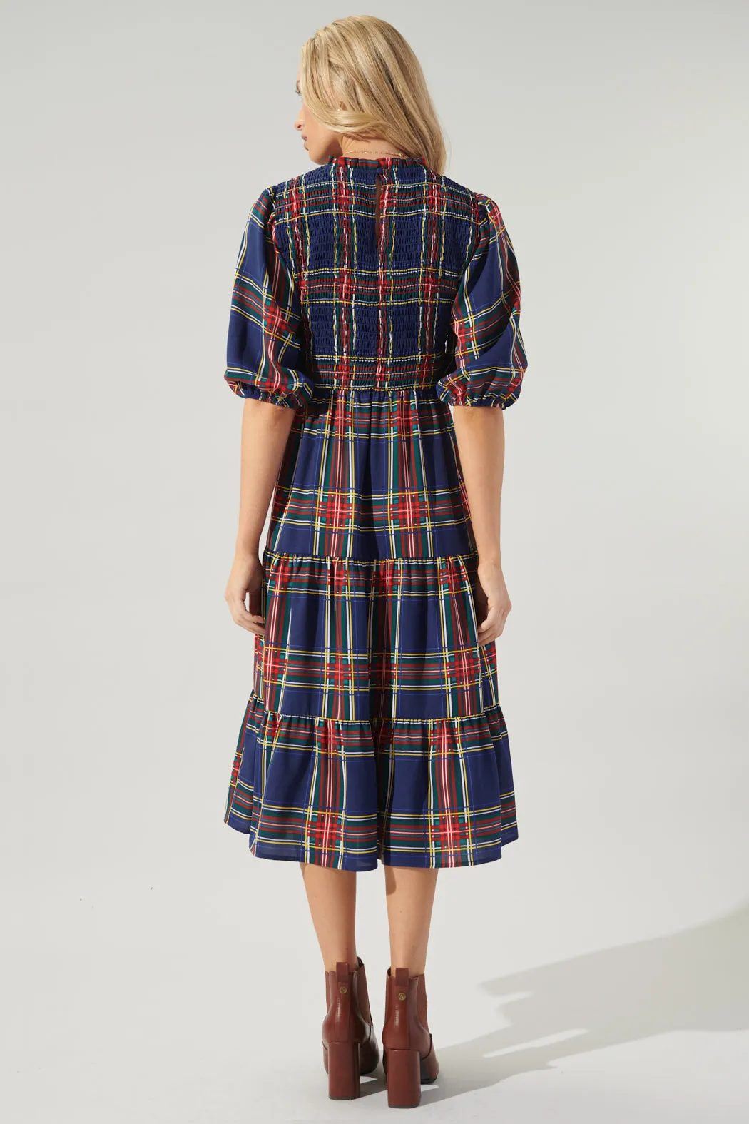 Lakeview Plaid Smocked Tiered Midi Dress sold by Sugarlips product image thumbnail 3