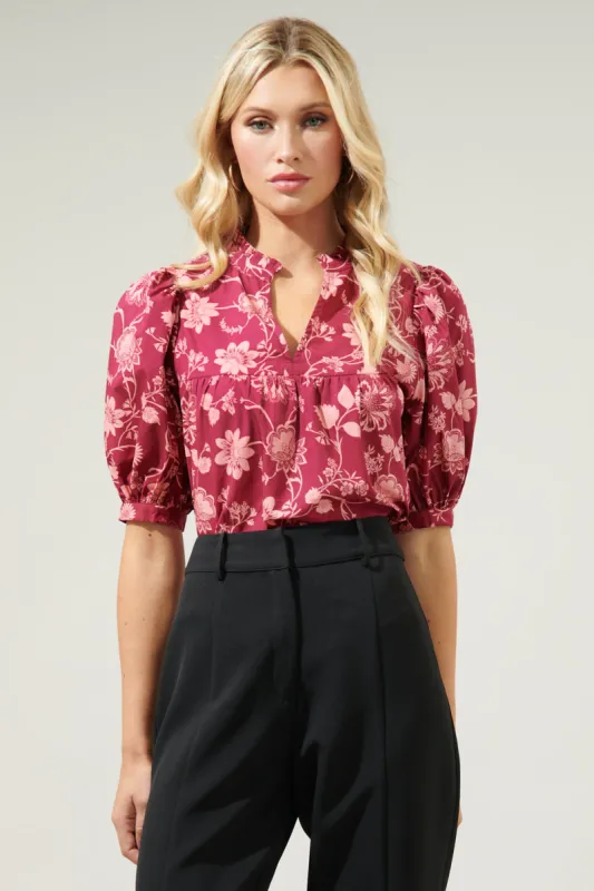 Mulberry Floral Delano Ruffle Split Neck Blouse sold by Sugarlips