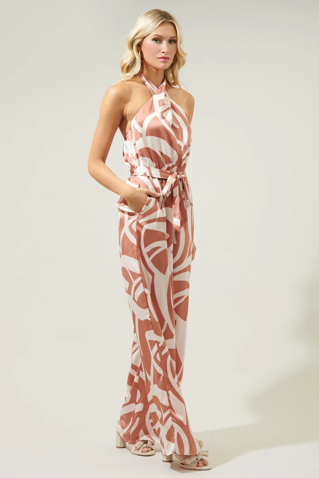 Peachy Keen Abstract Villanueva Satin Halter Jumpsuit sold by Sugarlips product image thumbnail 3