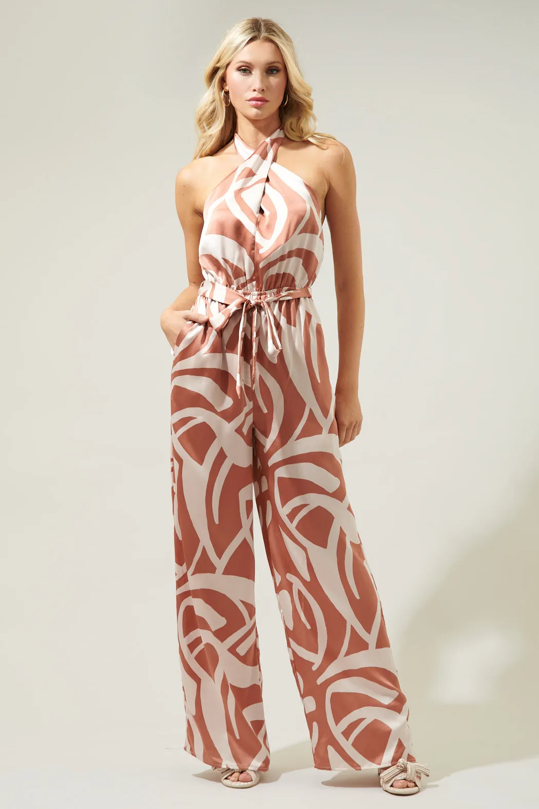 Peachy Keen Abstract Villanueva Satin Halter Jumpsuit sold by Sugarlips