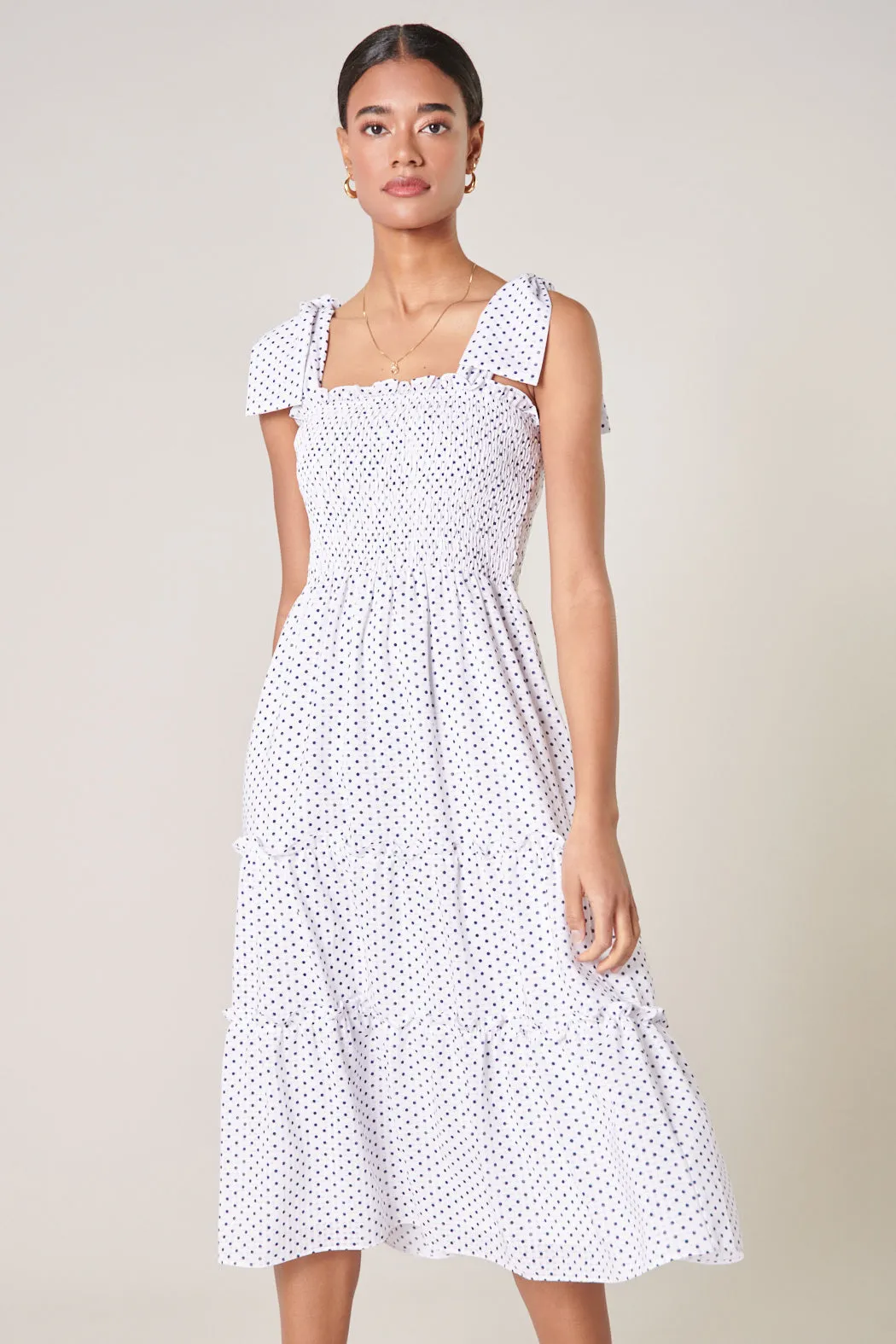 Say So Polka Dot Tie Strap Smocked Midi Dress sold by Sugarlips