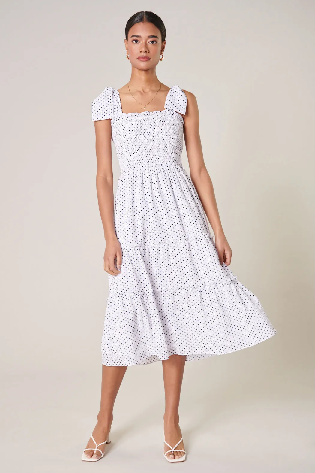 Say So Polka Dot Tie Strap Smocked Midi Dress sold by Sugarlips product image thumbnail 4