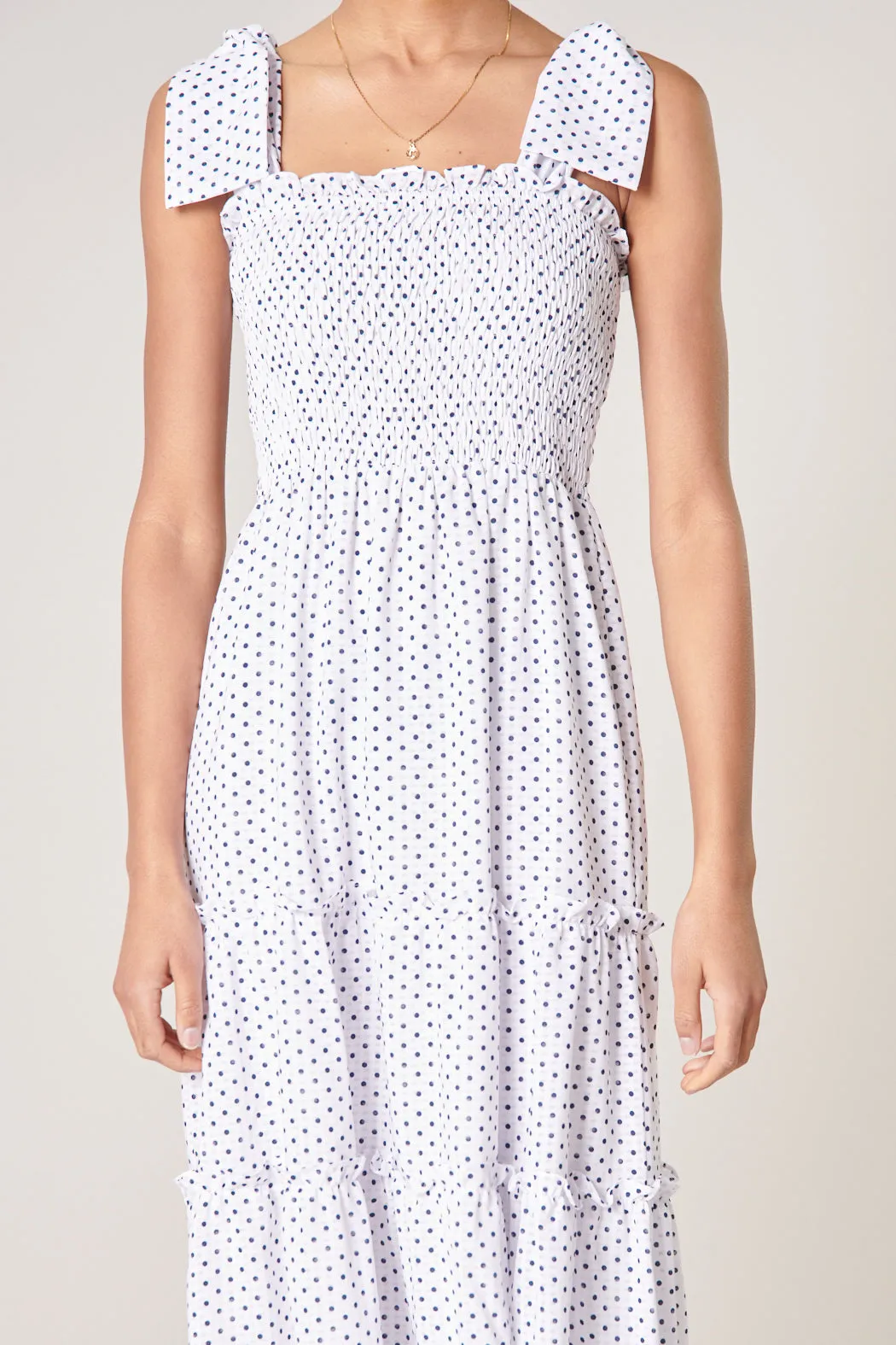 Say So Polka Dot Tie Strap Smocked Midi Dress sold by Sugarlips product image thumbnail 5