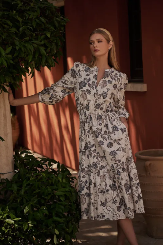 Bryony Floral Zinnia Split Neck Midi Dress sold by Sugarlips