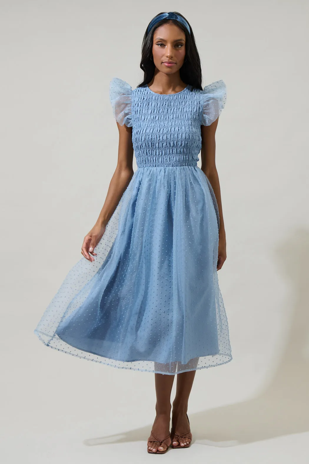 Lucille Organza Dot Smocked Midi Dress sold by Sugarlips