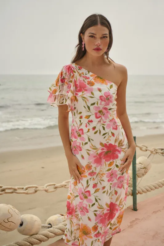 Maldonado Floral Royce One Shoulder Midi Dress sold by Sugarlips